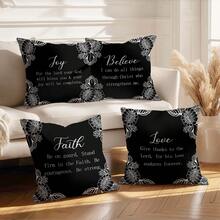 4pcs Minimalist Floral Border Black & White Bible Verse Printed Cushion Cover, Single-Sided Soft Peach Velvet Fabric, 45*45CM Pillow Case Suitable For Home Bedroom Living Room Party Holiday Decor, Sofa Decorative Throw Pillow Cover Gift, No Pillow Insert - Multicolor - View 5