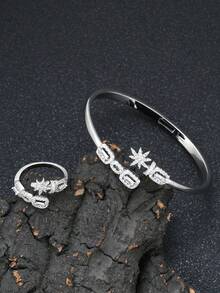 1件/1套 2件装 时尚百搭镶钻闪亮星星开口戒指和手链套装，女士日常/节日/派对配饰，开斋节/宰牲节礼物 - 鋯鑲閃耀矩星星 - 查看 8