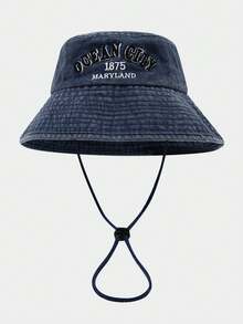 1顶成人水洗做旧渔夫帽，马里兰州海洋城刺绣，可调节防风绳，宽帽檐，防晒，适合海滩旅行和街头服饰。 - 1Pc - 查看 3