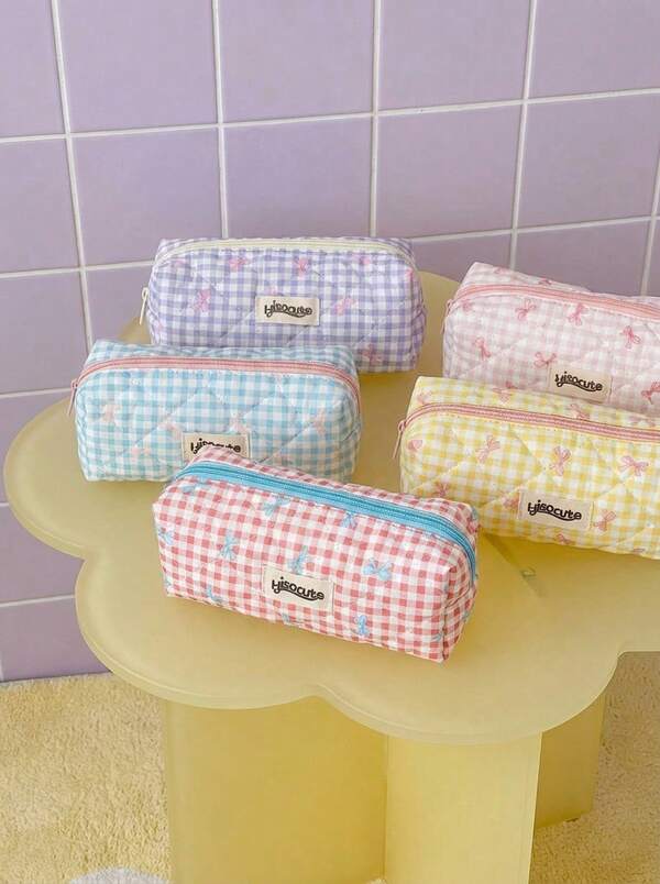 Joivida 1个可爱蝴蝶结格子铅笔盒，清新风格，韩版设计，返校季必备，返校用品，铅笔袋，书包，文具