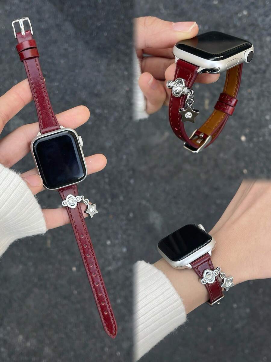 1 Pc Star Thin Leather Compatible With Apple Watch Band For Women 38mm 40mm 41mm 42mm 44mm 45mm 46mm 49mm , Strap Compatible With Apple Watch Link Series Ultra S11/10 9/8/7/6/5/4/3/2/1 SE - Red - View 1