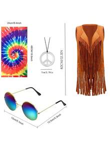 4 pièces Tenue de fête hippie Top à franges + Bandeau coloré + Collier et boucles d'oreilles signe de paix Style bohème, festival de musique, costume thème rétro - Multicolore - Voir 2