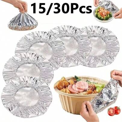 15/30片装铝箔食品盖 - 耐热、防漏、食品级、可重复使用的保温盖，高温材质，褶皱设计，使用方便，保持食物新鲜