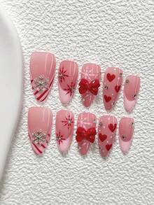 10pcs Romantic Autumn/Winter Acrylic Nail Art Set, Including 3D Silver Snowflake Decorations, Red Bow, Hand-Painted Red Snowflakes With Small Silver Beads, Red Striped Nail Decals, Red Hearts, Comes With Nail Tools (1 Jelly Sticker + 1 Nail File), Available In Almond, Duck Mouth, And Coffin Shapes, Suitable For Daily, Party, Photo Shoot, Office And Other Occasions Nails Handmade Press On Nails - 彩色 - 查看 15