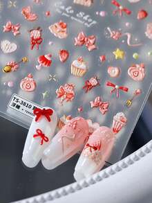 Beautizon Nailartlab Sweet Strawberry Mousse Nail Stickers 3D Embossed Bow & Cake Designs Adhesive Decals For DIY Manicure - Multicolor - View 12