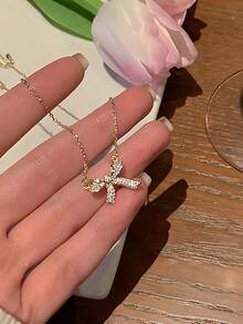 1件装精致简约蝴蝶结吊坠项链，女士款 - 金色 - 查看 3