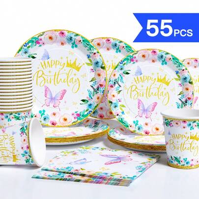 Colorful Floral & Butterfly Happy Birthday Disposable Plate, Napkin, Cup Set, Plates, Napkins And Cups Party Supplies, Serves 10 Guests, Disposable Paper Plates Party Tableware Suitable For Birthday, Wedding, Party, Family Picnic