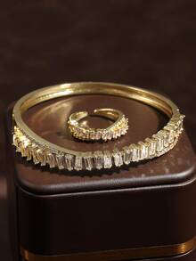 rakol Set de 2 piezas de anillo y pulsera con decoración asimétrica de circonita cúbica de moda - Dorado - View 3