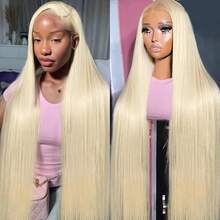 Dress Up Style 26英寸女士金色直发假发，13x4耳到耳高清蕾丝前假发，预先拔毛并结实打结，短款波波头直发，180%高密度高温丝合成混纺真人发，带婴儿发，浅金色613# - S613 - 查看 7