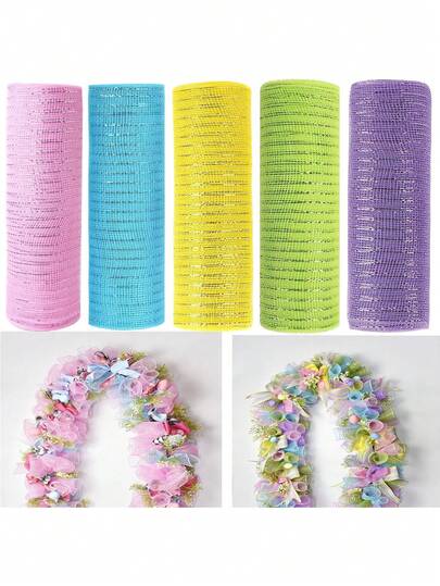 1Roll Easter Mesh Ribbon For Wreath, 10 Inch X 30FT Per Roll Metallic Foil Deco Mesh Rolls Light Pink Blue Yellow Green Purple Decorative Mesh For Spring Easter Party Decor