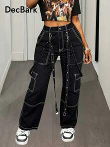 Quần dài tiện dụng thường ngày có dây rút vải chắp vá cho nữ - màu đen - Xem 1