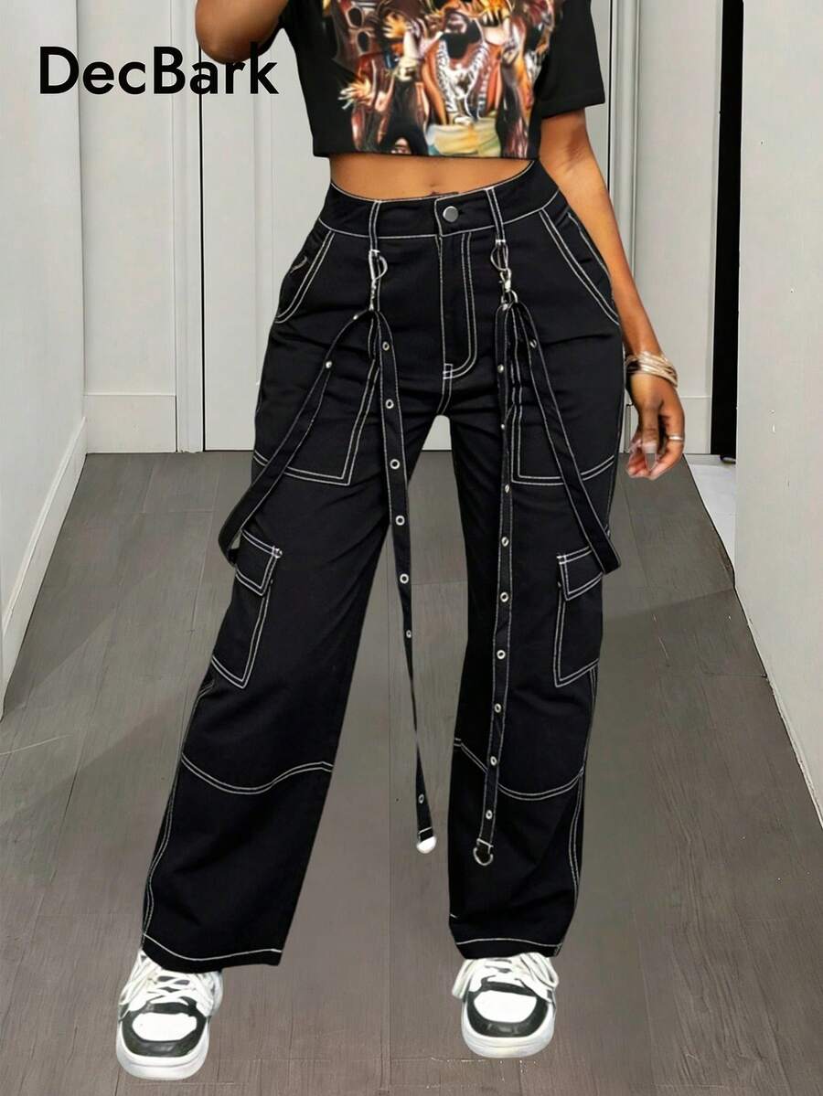 Quần dài tiện dụng thường ngày có dây rút vải chắp vá cho nữ - màu đen - Xem 1