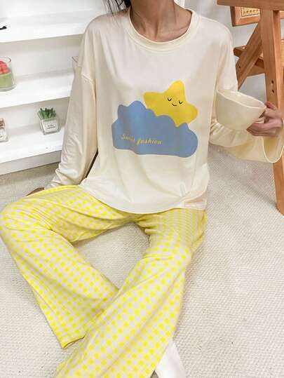 两件套女士睡衣套装，星云图案长袖T恤，格子印花九分裤，舒适休闲秋冬睡衣