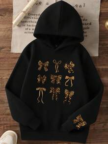 1件少女休闲印花套头卫衣，保暖内衬，长袖，秋冬季 - 黑色 - 查看 2