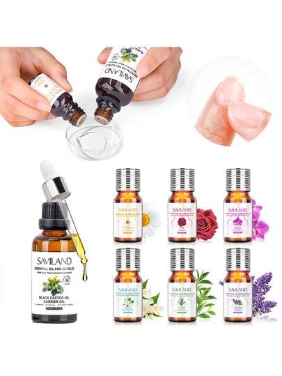  Saviland 花香精油指缘油套装 6 瓶 10ml 纯天然薰衣草茶树玫瑰香型，促进指甲生长，强韧指甲，深层滋养修复，易于吸收，不油腻，用途广泛，可用于香薰机、护肤、按摩、家庭沙龙 DIY 香薰疗法，是圣诞礼物的理想之选。