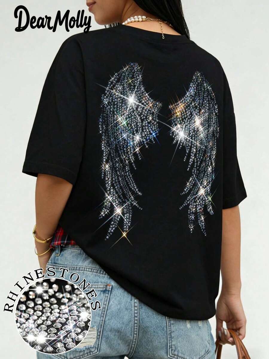 DEAR MOLLY 大尺碼女款高街時尚寬鬆T恤 天使之翼水鑽裝飾圓領短袖上衣 BLINGBLING 街頭休閒黑色 - 黑色 - 查看 1
