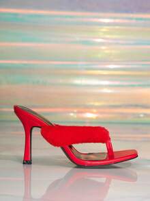 性感时尚女士高跟凉鞋、方头凉鞋、拖鞋、猫跟人字拖凉鞋、毛绒趾环凉鞋 - 紅色 - 查看 7