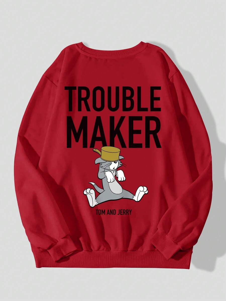 Men's Casual Commuter Tom Maker Letter Print Round Neck Long Sleeve Slim Fit Sweatshirt, Spring/Autumn - Red - View 1
