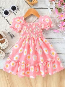 Baby Girls' Casual Square Neck Puff Sleeve Mini Dress, Spring/Summer Gift & Party - Pink - View 2