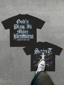 (180g 100 Percent Cotton T-Shirt) Men's T-Shirt Men's Casual  Comfortable, Fashionable T-Shirt, Street Style Double-Sided Printing Cotton   Playing Cards - 黑色 - 查看 1