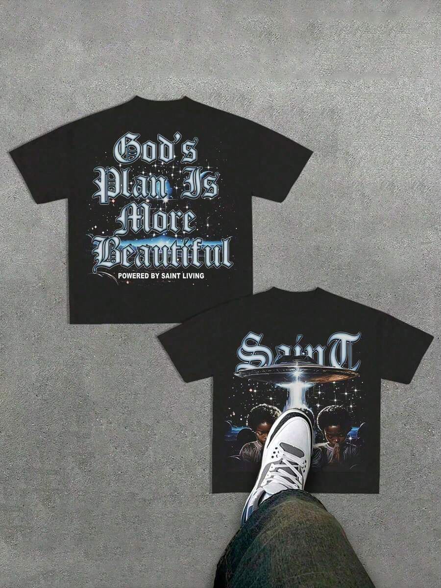 (180g 100 Percent Cotton T-Shirt) Men's T-Shirt Men's Casual  Comfortable, Fashionable T-Shirt, Street Style Double-Sided Printing Cotton   Playing Cards - 黑色 - 查看 1