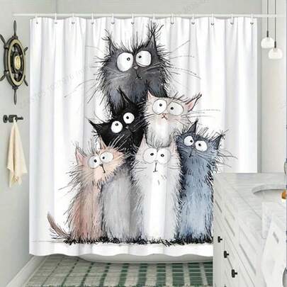 1pc Playful Anthropomorphic Cat Shower Curtain - Quirky Pyramid Design, 6 Cats, Humorous Bathroom Decor, Includes 12 Hooks, Easy Care Polyester, 70.8x70.8 Inches, Whimsical & Charming, Suitable For Family Or Kids Bathroom, Funny Home Decor | Unique Curtain Design | Washable Shower Curtain, Fun Curtain