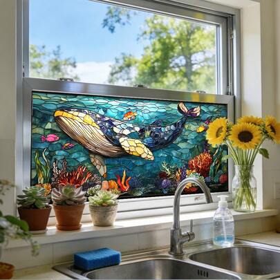 1/2 Peças Película Adesiva para Janela com Tema Oceânico de Baleia e Tartaruga-, Adesivo de Vidro Eletrostático de PVC Reutilizável, Adequado para Cozinha, Banheiro, Sala de Estar e Decoração de Ambiente.