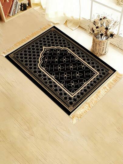 1pc Prayer Mat, 50*80cm Polyester Velvet Black & Gold Tassel Prayer Rug, Islamic Turkish Prayer Mat, Non-Slip Foldable Home Prayer Mat, Hajj Supplies, Ramadan Party Supplies, Eid Al-Fitr Party Supplies, Suitable For Indoor And Outdoor Use, Eid Al-Adha, Ramadan, Hajj, Islamic New Year Gift, Ramadan Gift, Eid Al-Fitr Gift, Party Favor