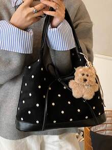 1pc Polka Dot Faux Suede Tote Bag, Fashion Women's Handbag, Shoulder Bag For Commuting, Dating, Daily Use, Comes With Pendant - Black - View 6