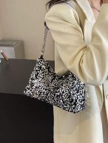 1pc Zipper Closure PVC Sequin Shiny Shoulder Bag, Fashion Chain Strap Clutch Purse, Suitable For Women Party, Date, Evening Use - Silver - View 2
