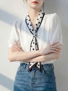 YUXIN Vintage Polka Dot Blouse (Spring/Summer) | Puff Sleeves + Pearl Button Decor | Soft Draping Fitted Top - Perfect For Office/Streetwear/Fashion White - White - View 4