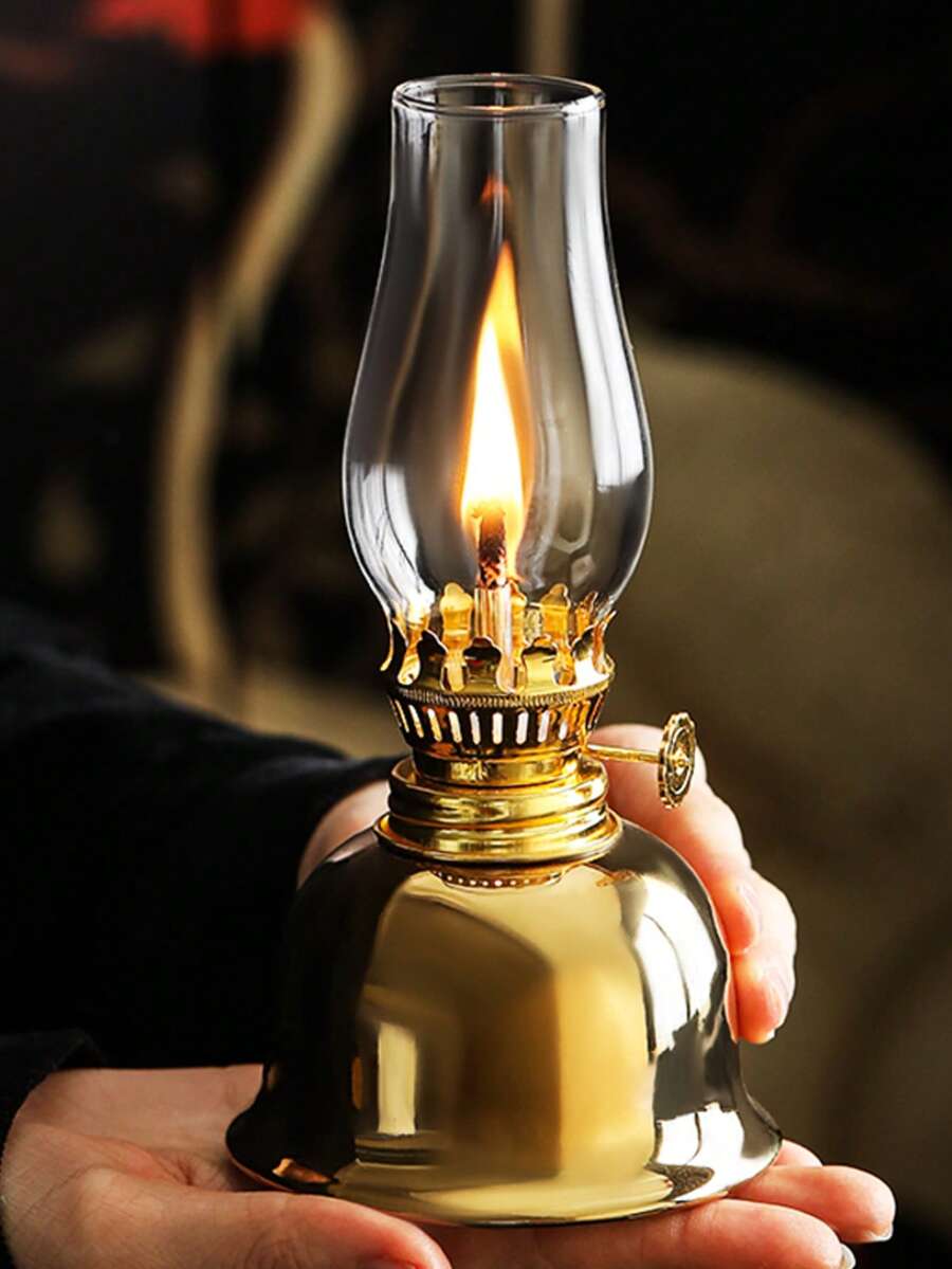 1pc Ceramic Electroplated Gold/Silver Home Oil Lamp With Lamp Shade, Adjustable Wick Camping Fuel Oil Lamp, Indoor Ceramic Oil Lamp Candle Holder, Kerosene Lamp With Wick, Oil Lamp/Hurricane Lamp With Fire Control Knob - 1PC - View 1