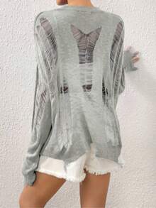 2025 New Loose Hollow Out Vacation Long Sleeve Knit Pullover Sweater For Women - Grey - View 3