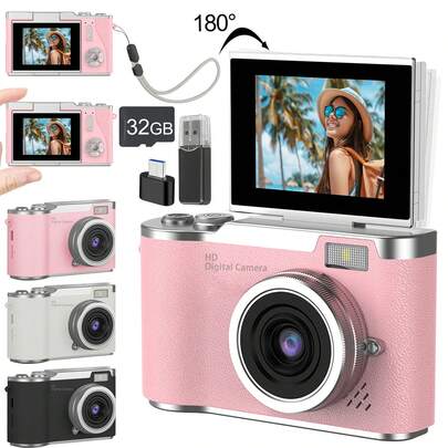 מצלמה דיגיטלית ניידת, מצלמה דיגיטלית לצילום מתקפל ב-180°, מצלמה דיגיטלית זום X8, מצלמה ברזולוציית HD 48MP עם פוקוס אוטומטי, עמידות בפני רעידות, מתאימה למתחילים ולמבוגרים, מצלמת HD דיגיטלית (סוללה נטענת 800mAh)
