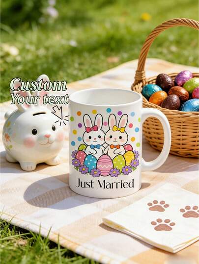 1Pc Personalized Easter Mug – Custom Text Coffee Cup With Cute Bunny Design, Festive Spring Easter Theme Ceramic Mug, Sweet Love Style Drinkware, Unique Valentine's Day Gift Idea With Easter Elements For Couples, Girlfriend, Boyfriend & Loved Ones