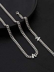 1 Set Men's Fashion Minimalist Metal Letter Thick Chain Bracelet And Necklace, Suitable For Men's Daily Wear, Parties, Birthdays, Dates - Silver - View 3