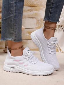 2026 Novo Lançamento Sapatos Esportivos Casuais de Moda Feminina em Tecido Sólido com Cadarço, Confortáveis, Respiráveis, Antiderrapantes e Duráveis, Modelo Baixo com Cadarço e Logotipo Lateral com Design de Escama de Peixe, Adequado para Uso Interno/Externo, Opções de Várias Cores, Presente Ideal para Mulheres, Todas as Estações - Branco - Visão 4