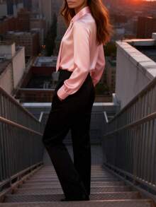 女款優雅修身領結襯衫，緞面布料抗皺不透長袖上衣，易打理正式服裝（可機洗） - 適合工作、派對、社交場合，配有領結設計，絲滑觸感，春、夏、秋季休閒優雅女裝 粉紅色 - 粉色 - 查看 4