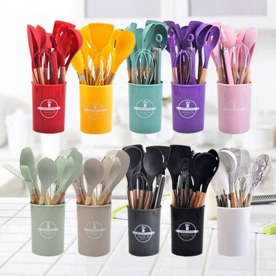 Wooden Handle Silicone Cooking Utensils, Spatula Spoon Tools, Heat Resistant Food Tongs Mixer Accessories, Kitchen Tools - Multicolor - View 1