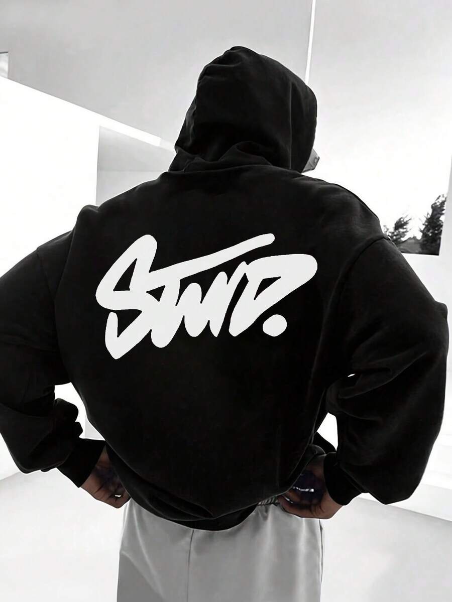 Men's Oversized Hoodie With Graffiti Print On The Back - White Streetwear Pullover, Loose Casual Hoodie With Pocket & Black Lettering, Machine Washable Winter Sweater For Urban Style (No Belt/Tie), Men's Hoodie, Men's Hoodie, Men's Sweaters, Midweight Hoodie, Men's Long Sleeve Shirt, Men's Hoodie, Men's Hoodie, Hoodie For Men, Men's Sweaters And Hoodies - 黑色 - 查看 1