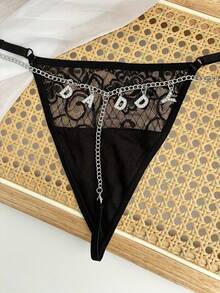 Customized Thongs Name,Women G-String Panties Crystal Letters Sexy Waist Chain Personalized Custom Name T-Back Tanga Underwear Beach Pool Bikini ,For Wife Girlfriend Birthday Gift Valentine's Day Christmas Gift,Adjustable Waist Circumference-1PC - màu đen - Xem 2