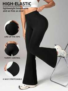 High Waist Flare Pants For Women, Seamless Yoga Pants, Butt Lifting & Slimming Wide Leg Trousers - Black - View 1
