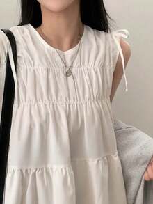 Vintage Pleated Bowknot Tie Sleeveless Mini Dress For Petite Women, Summer White Elegant - White - View 4