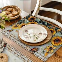 4pcs Retro Sunflower Butterfly Table Mats | Non-Slip, Wipe Clean Dining Table Mat Set For Party, Kitchen Dining Decoration, Linen Material - 12x18inch - View 6