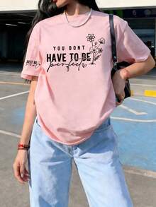 女款新款極簡可愛圖案休閒度假風寬鬆百搭正長度針織面料圓領短袖T恤，夏季日常穿搭 - 粉色 - 查看 3