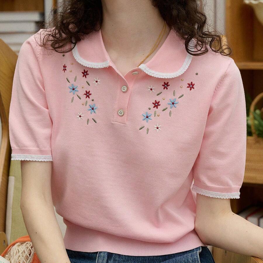 Simple Retro Women's Flower Embroidery Bumper Button Half-Placket Short Sleeve Knit Pink Top Summer Tops Summer Clothes Women Commuter Office Interview French Elegance - Pink - View 1