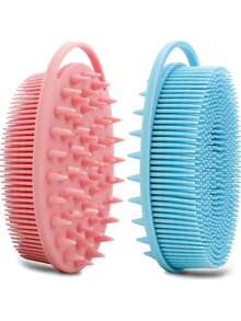 2件套硅胶身体清洁刷套装，双面丝瓜络沐浴刷和头皮按摩洗发刷，适合儿童、女性和男性敏感肌肤（黑色和粉色） - 彩色 - 查看 10
