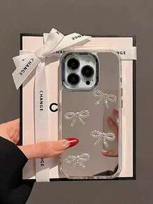 Rhinestone Bow Tie Mirror Phone Case Compatible With Iphone 17/16, High-End European And American Personalized Creative Apple 15 Protective Case 14 Protective Shell 13 Pro Max Phone Case, Shiny Bow Soft Shell Protective Case - Silver - View 1