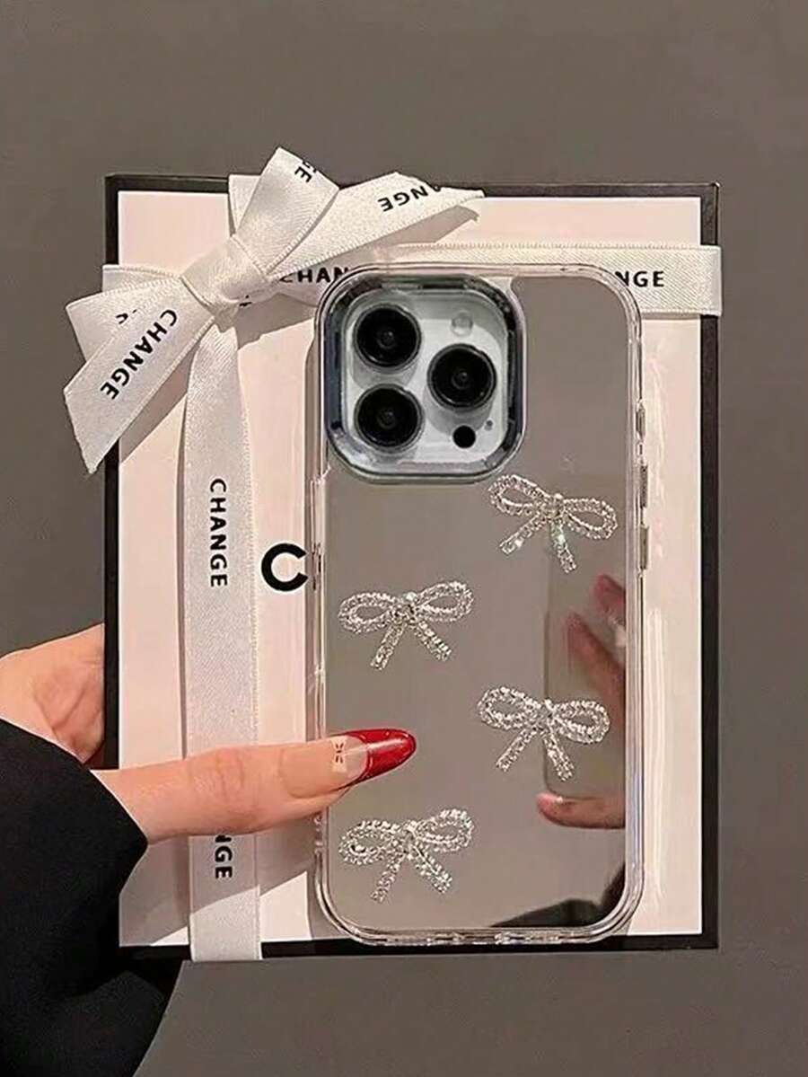 Rhinestone Bow Tie Mirror Phone Case Compatible With Iphone 17/16, High-End European And American Personalized Creative Apple 15 Protective Case 14 Protective Shell 13 Pro Max Phone Case, Shiny Bow Soft Shell Protective Case - Silver - View 1
