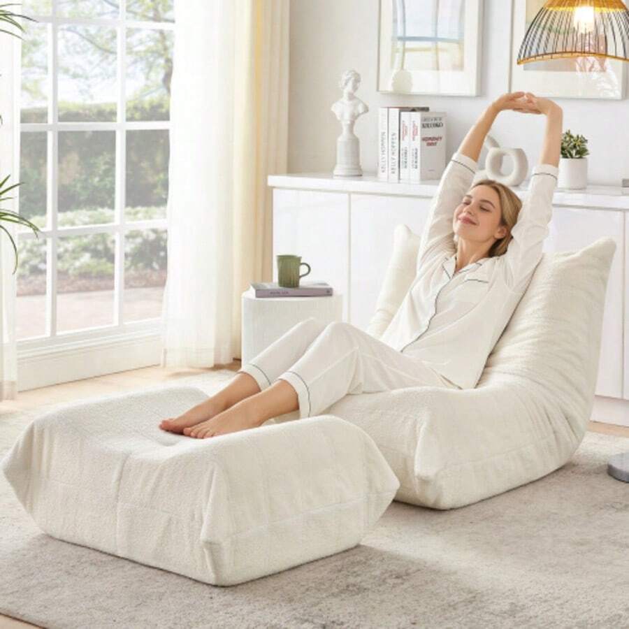 Lazy Sofa With Rückenlehne Und Fußhocker, Relaxsessel, Weicher Teddyfell-Bohnensack-Bodenlesesessel, Bequemer Einzel-Bodensofa Für Wohnzimmer, Schlafzimmer, Arbeitszimmer, Apartment, Beige - Beige - View 1